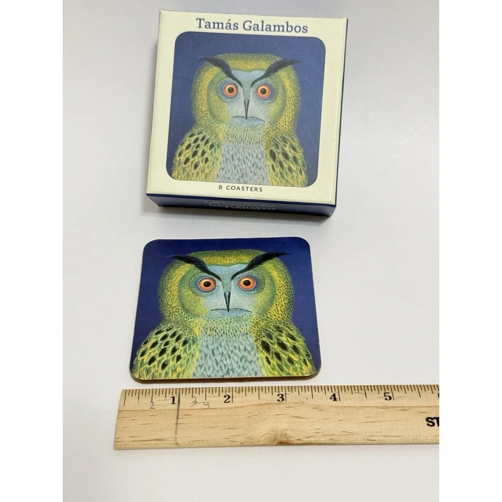 Tamas Galambos OWL‎ Set of 8 Cork-Backed Laminated Coasters NEW A10